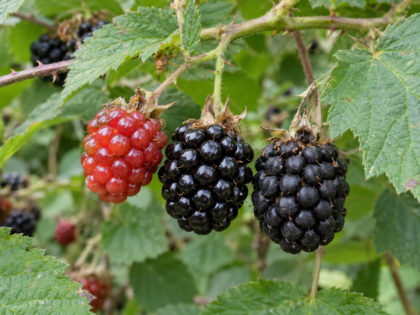 Rote sowie glänzende und matte schwarze Brombeeren an einem Fruchtstand.