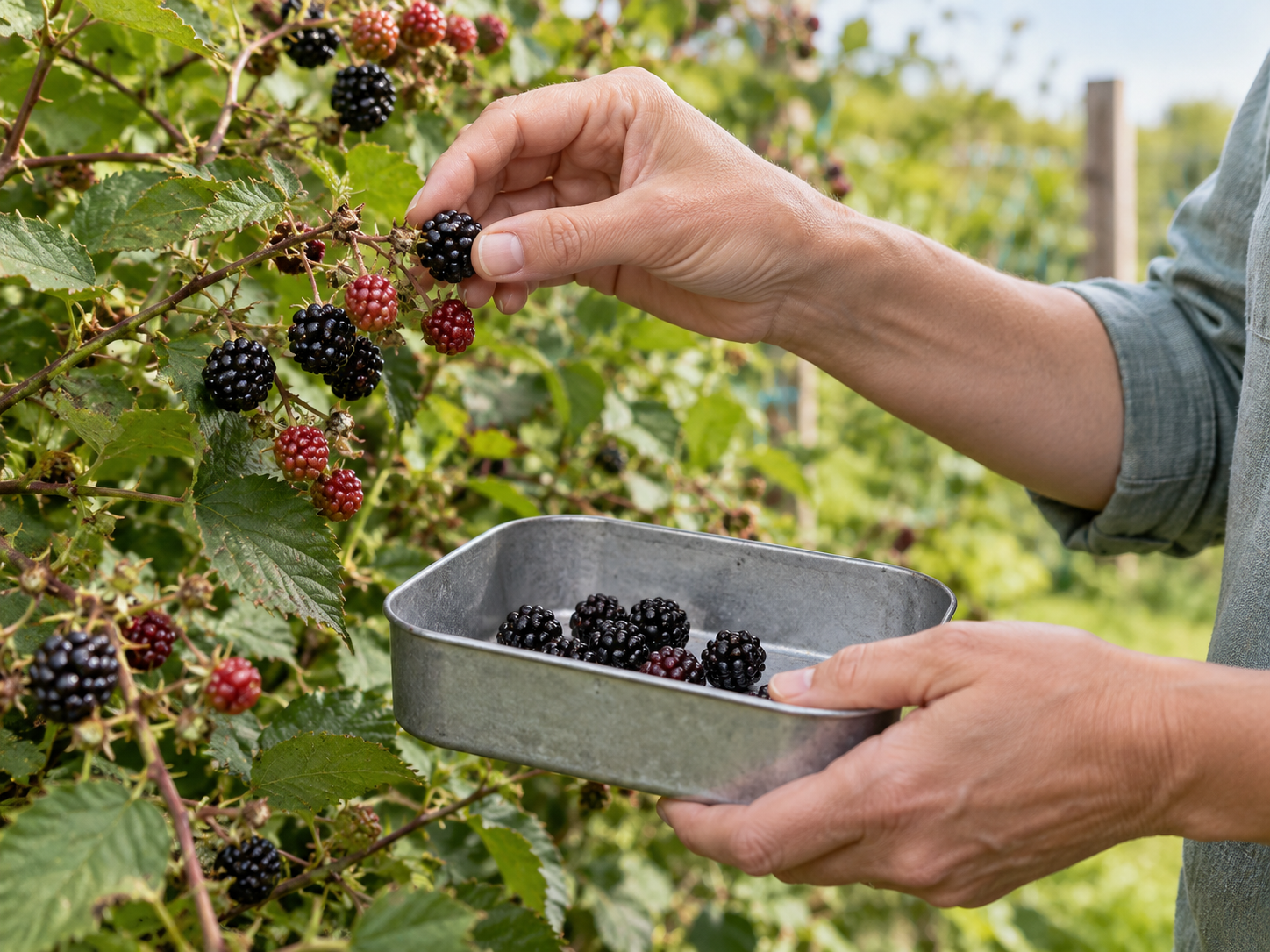 Eine Hand pflückt vorsichtig eine Brombeere über einer flachen Sammeldose.