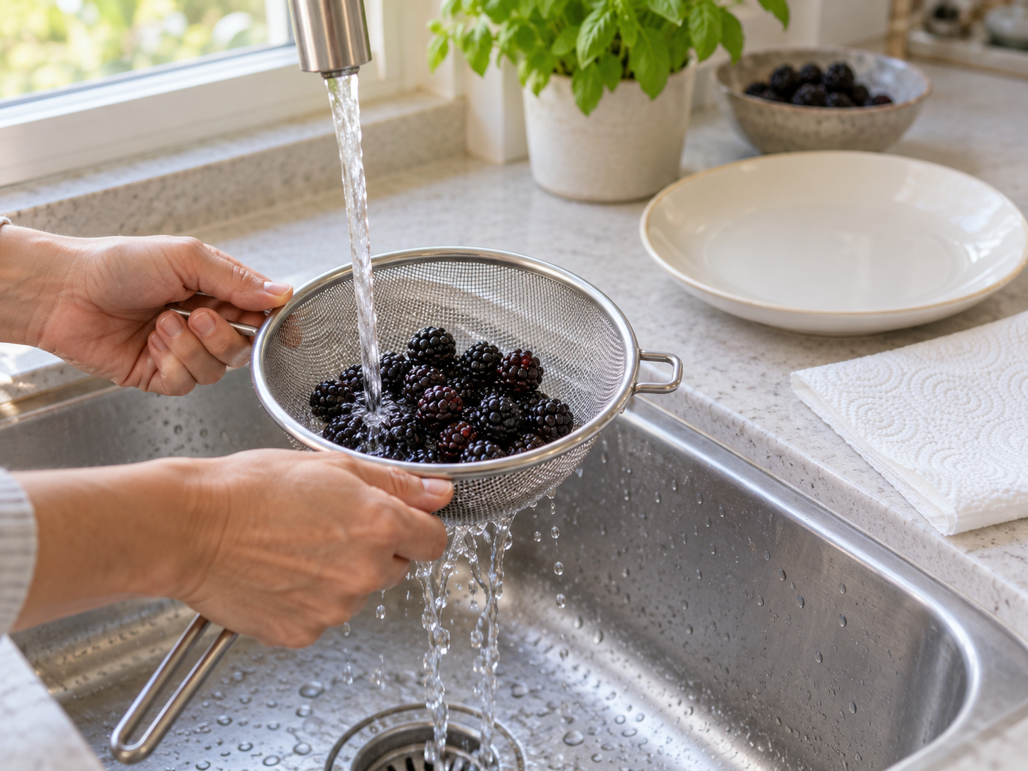 Brombeeren werden in einem Sieb unter einem sanften Wasserstrahl abgespült.