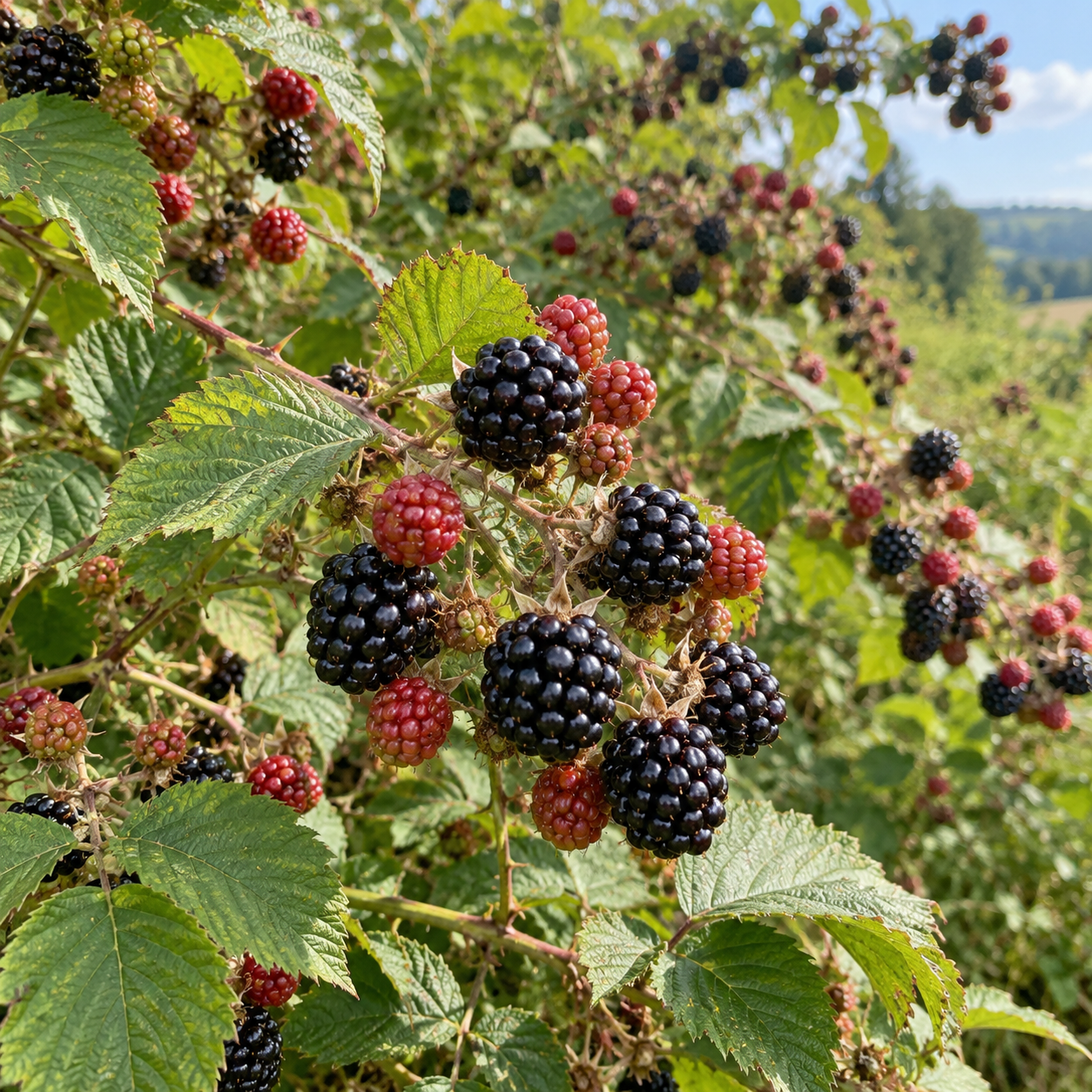 Brombeerstrauch mit schwarzen und roten Früchten zwischen grünen Blättern.