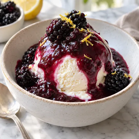 Brombeersauce über Vanilleeis mit frischen Brombeeren