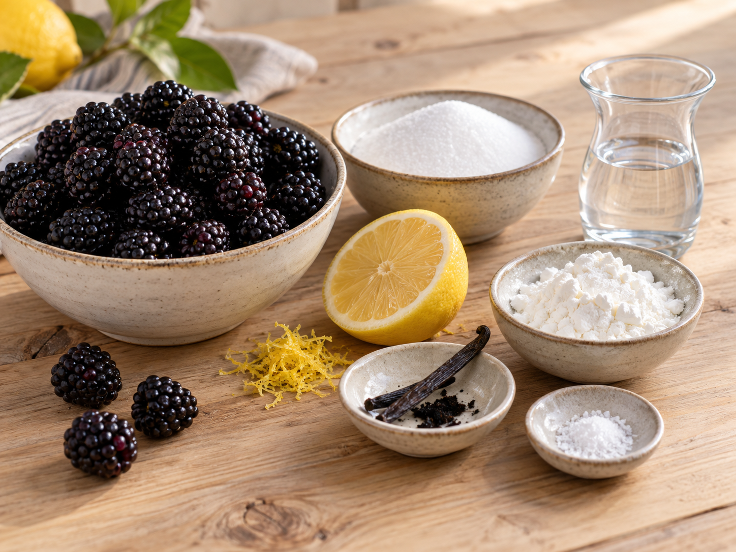 Zutaten für Brombeersauce mit Brombeeren, Zitrone, Zucker und Vanille