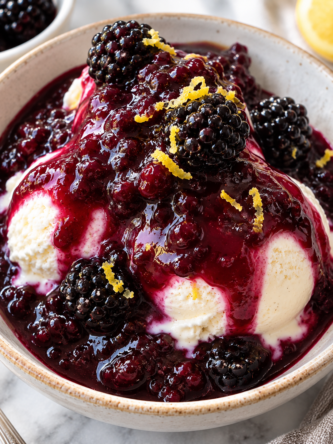 Vanilleeis mit glänzender Brombeersauce und ganzen Brombeeren
