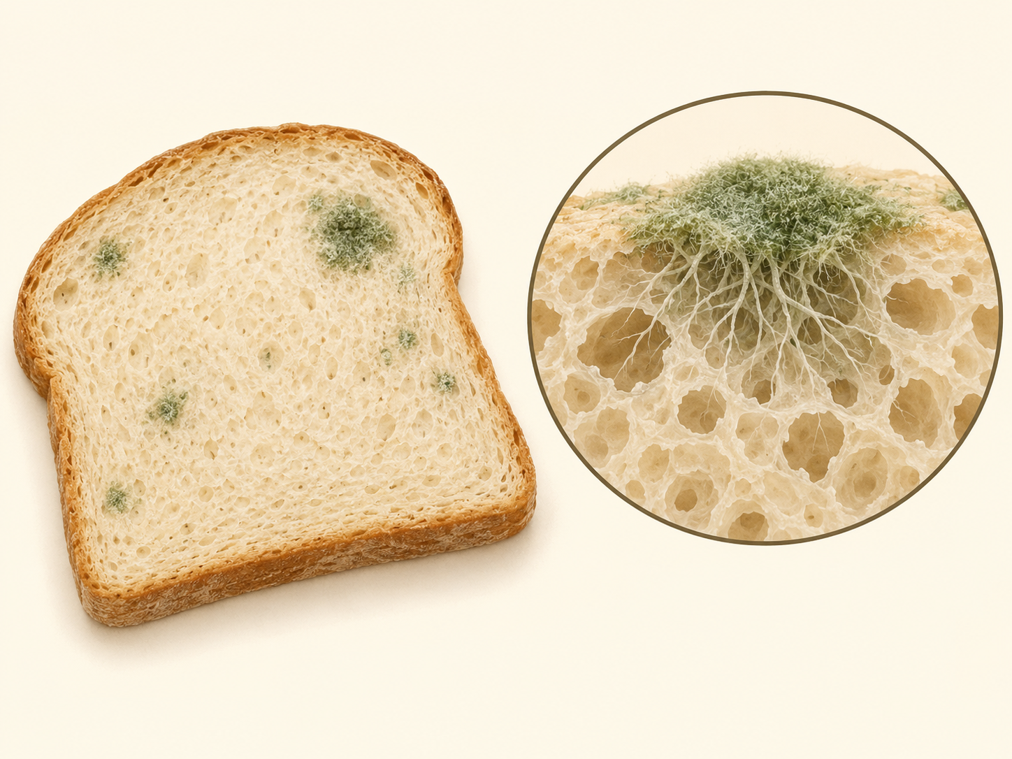 Schematische Illustration von grünen Flecken und darunterliegenden Pilzfäden in porösem Brot.