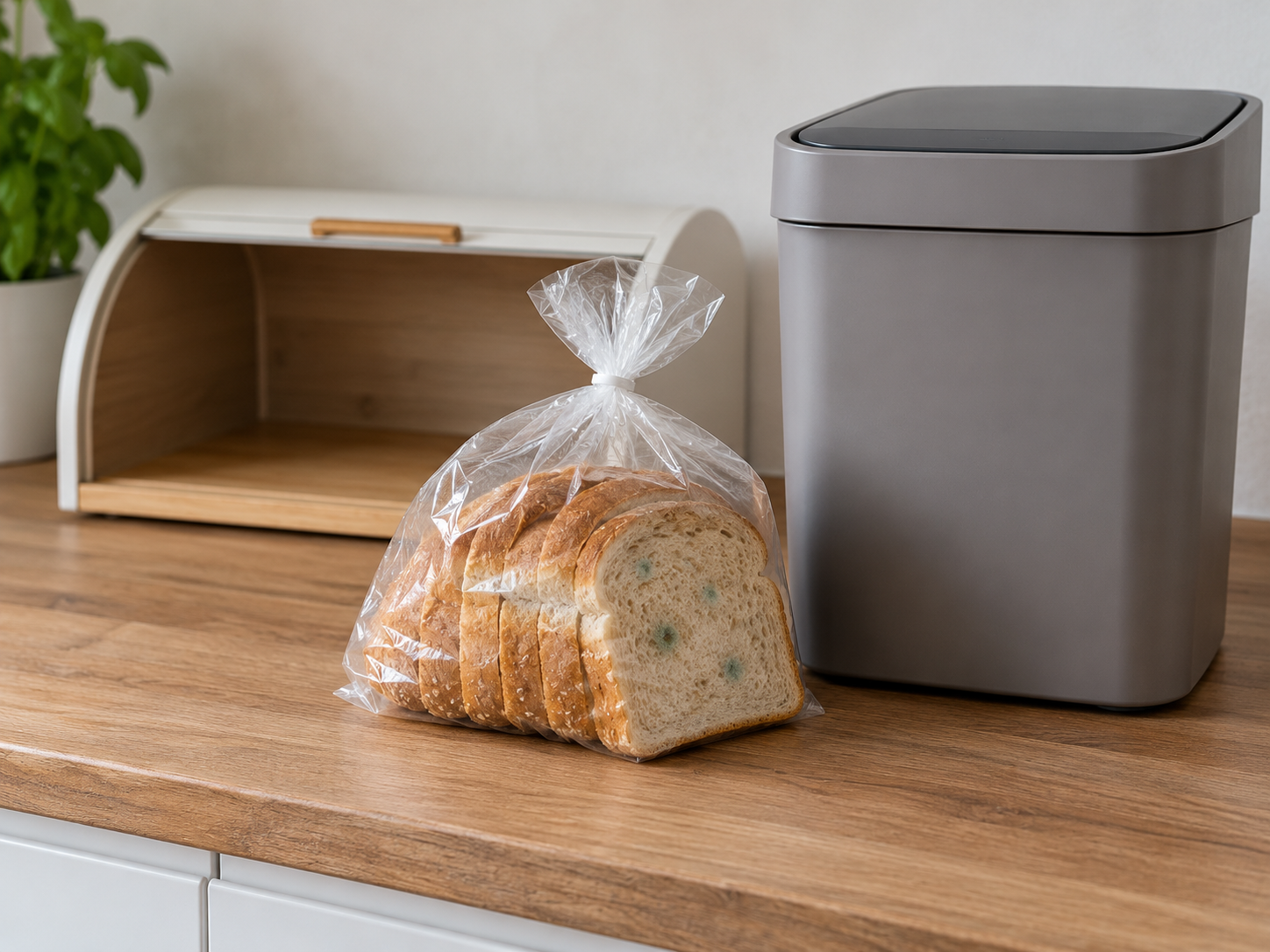 Geschlossener Beutel mit fleckigem Brot neben einem Abfallbehälter und einem leeren Brotkasten.