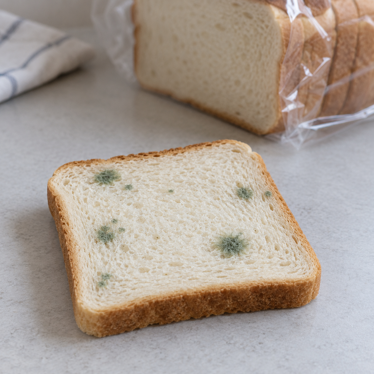 Helle Brotscheibe mit kleinen grünen Flecken vor einem verpackten Brotlaib.