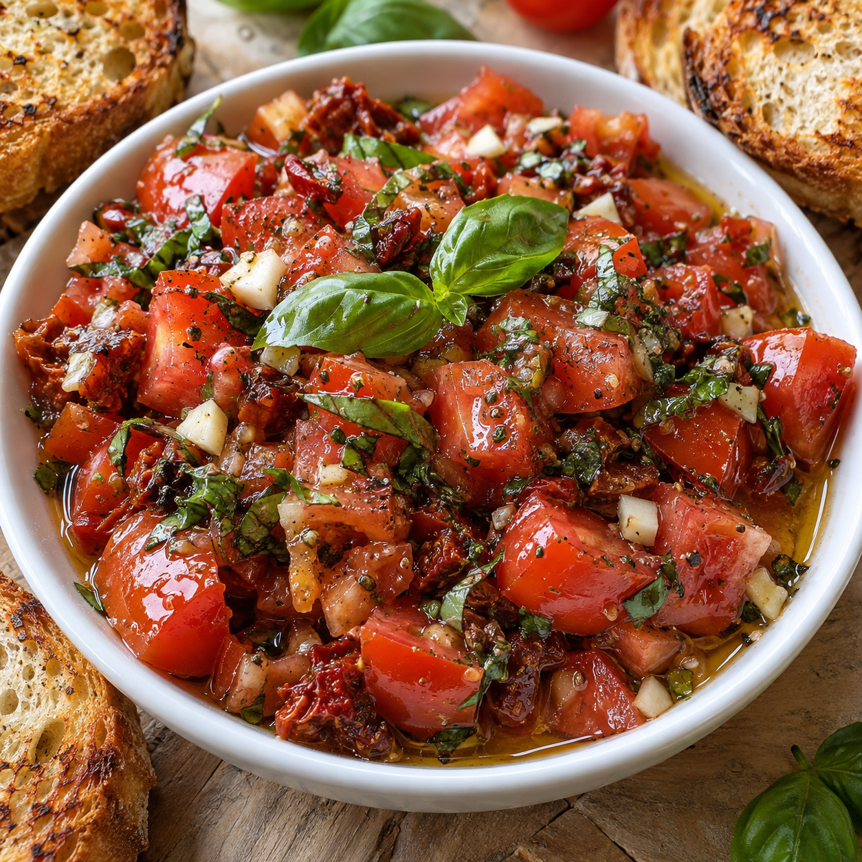 Bruschetta-Aufstrich mit Tomaten und Basilikum in einer weißen Schale