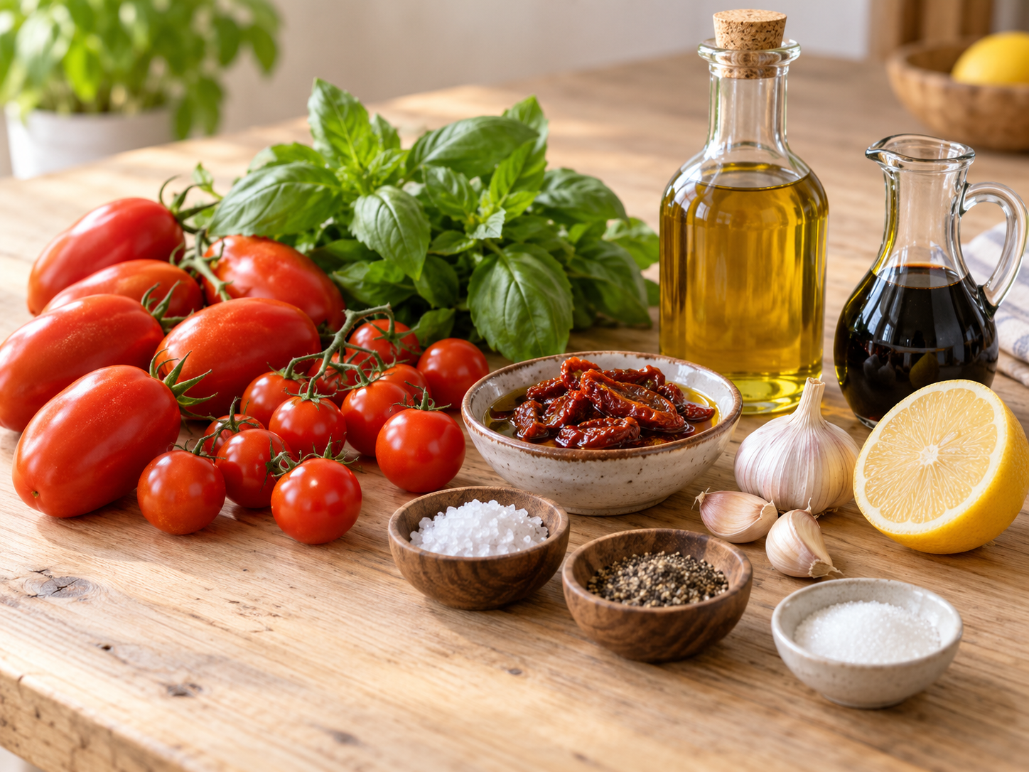 Zutaten für Bruschetta-Aufstrich mit Tomaten, Basilikum und Olivenöl