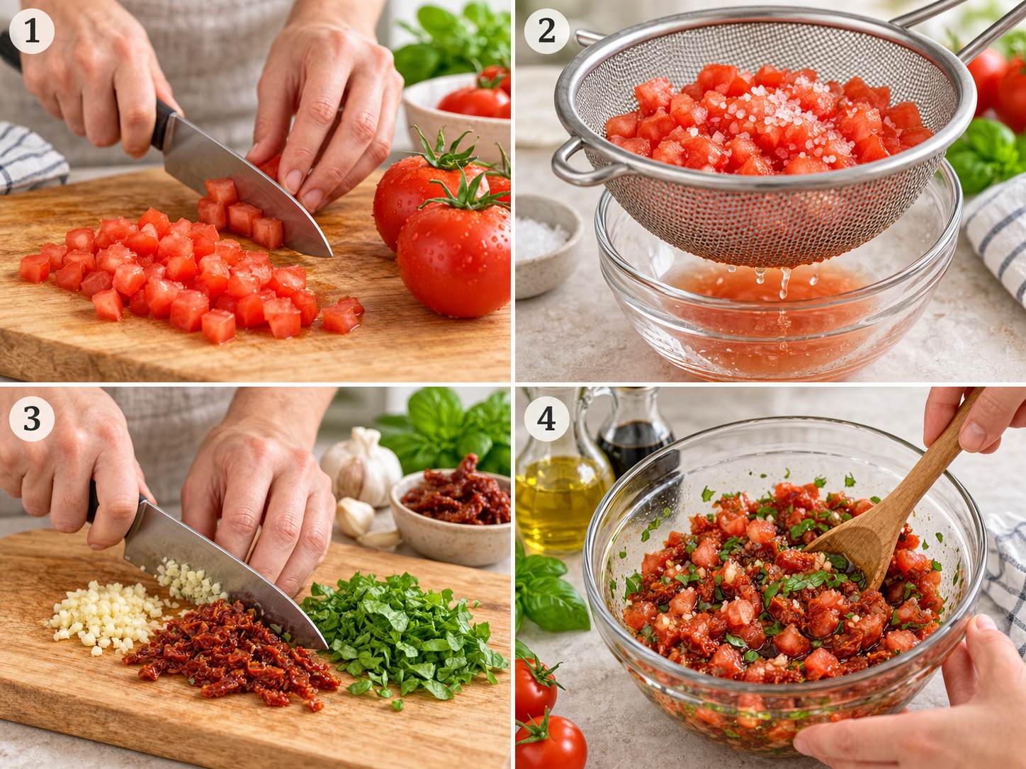 Vier Schritte für Bruschetta-Aufstrich vom Schneiden bis zum Mischen