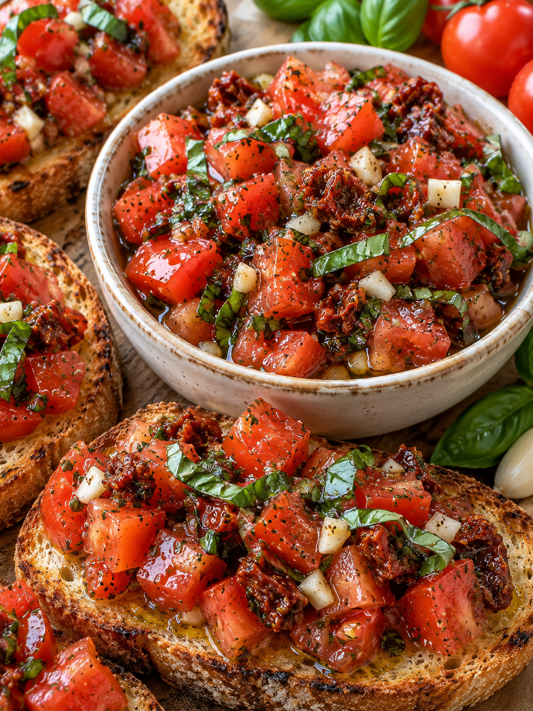 Bruschetta-Aufstrich auf geröstetem Brot mit Basilikum und Tomaten