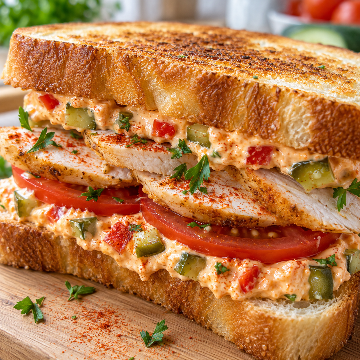 Budapester Hühnersandwich mit Paprika-Gurken-Creme und Tomate