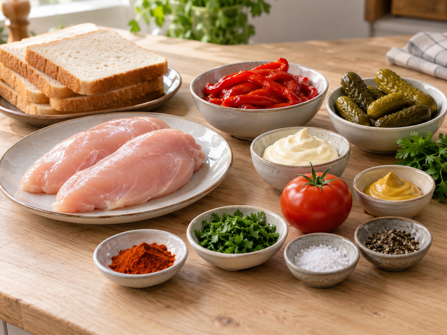 Zutaten für Hühnersandwich mit Paprika, Gurke und Toastbrot