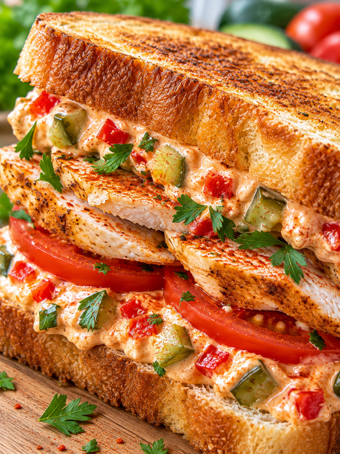 Budapester Hühnersandwich mit Huhn, Paprika, Gurke und Tomate