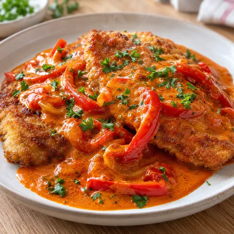 Budapester Paprikaschnitzel mit cremiger Paprikasoße und Petersilie