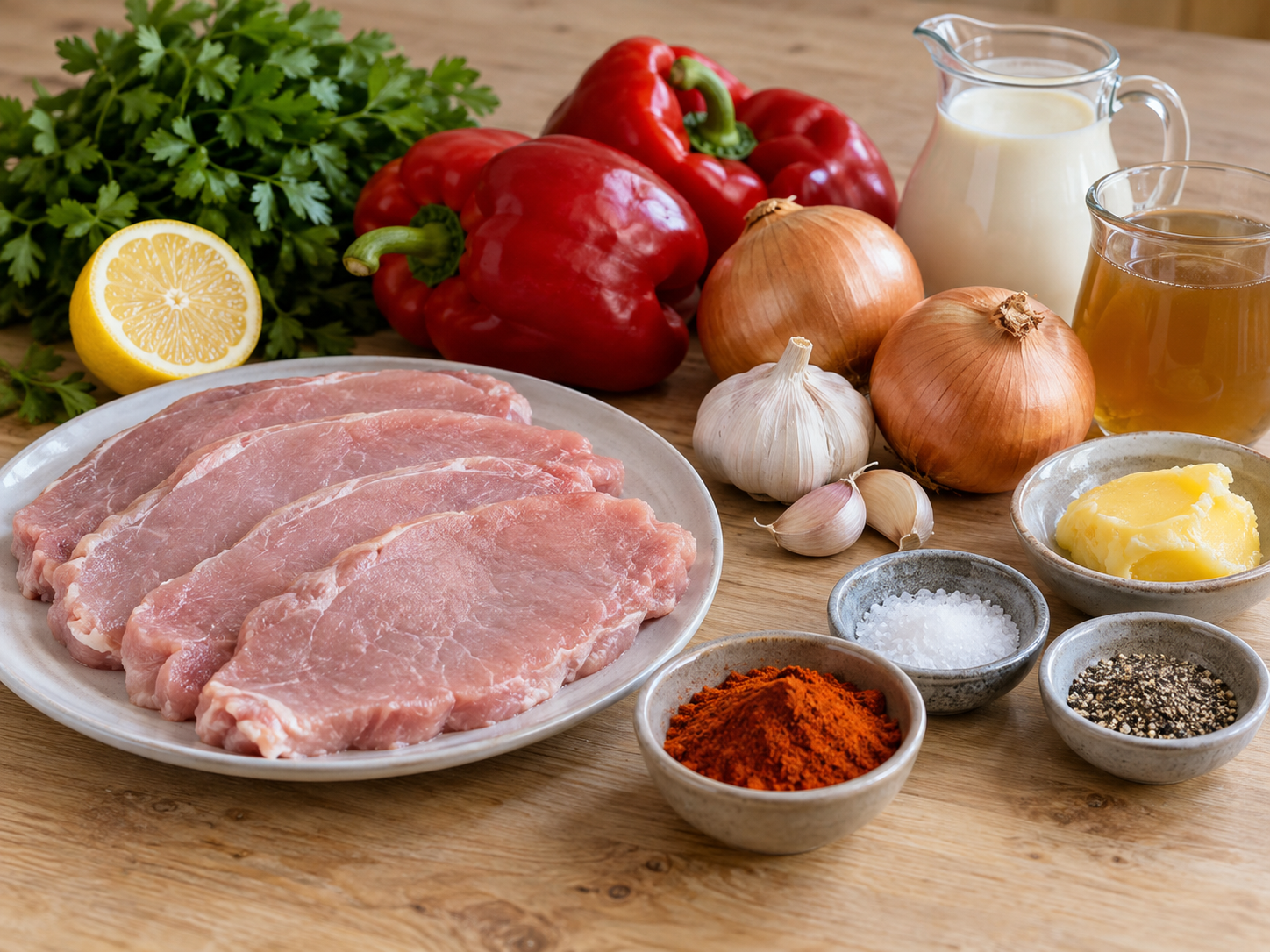 Zutaten für Budapester Paprikaschnitzel mit Paprika, Sahne und Schweinefleisch