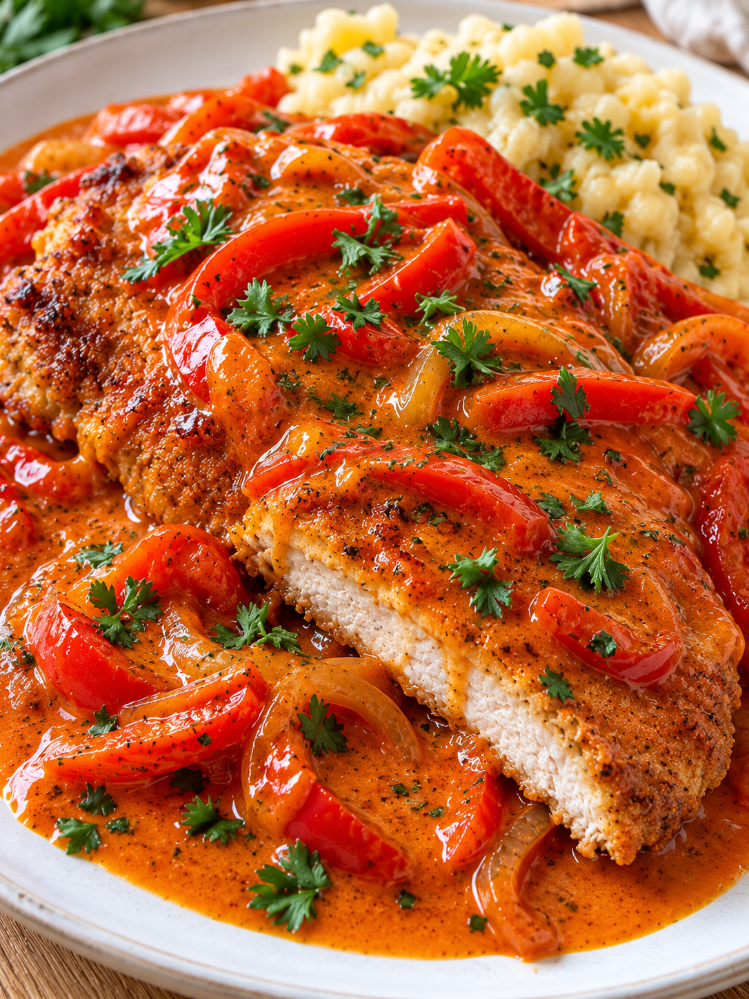 Cremiges Budapester Paprikaschnitzel mit roter Soße und Petersilie