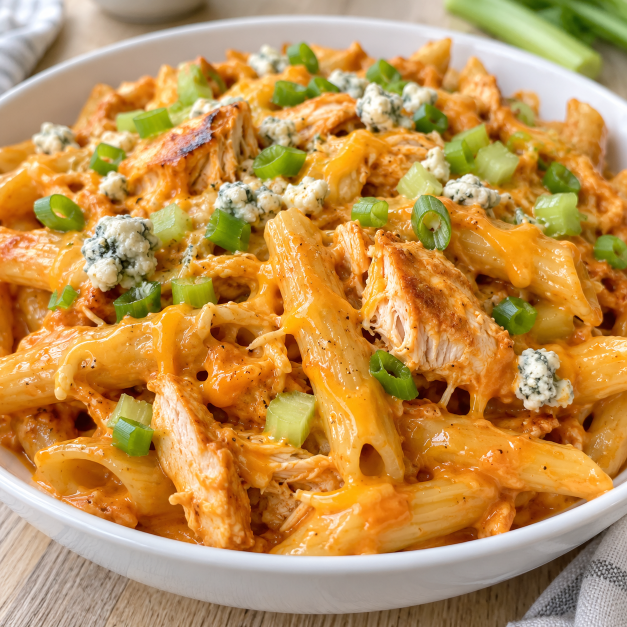 Buffalo Chicken Pasta mit Cheddar, Hähnchen und Frühlingszwiebeln