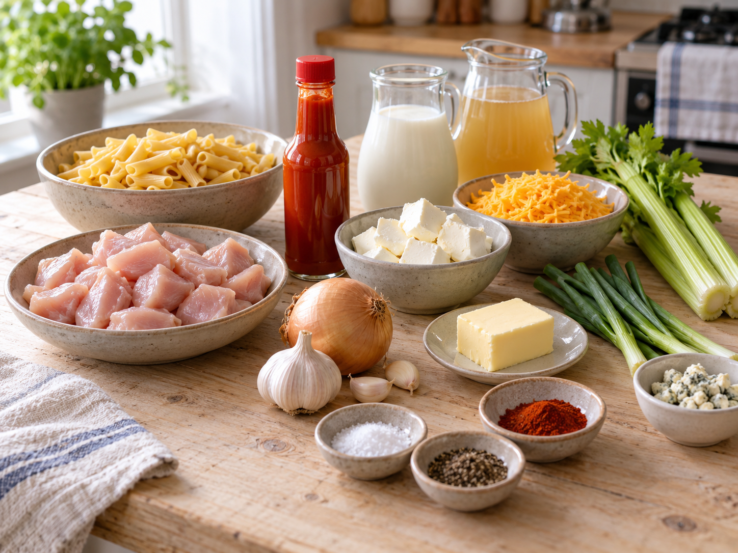 Zutaten für Buffalo Chicken Pasta mit Hähnchen, Pasta, Käse und Hot Sauce