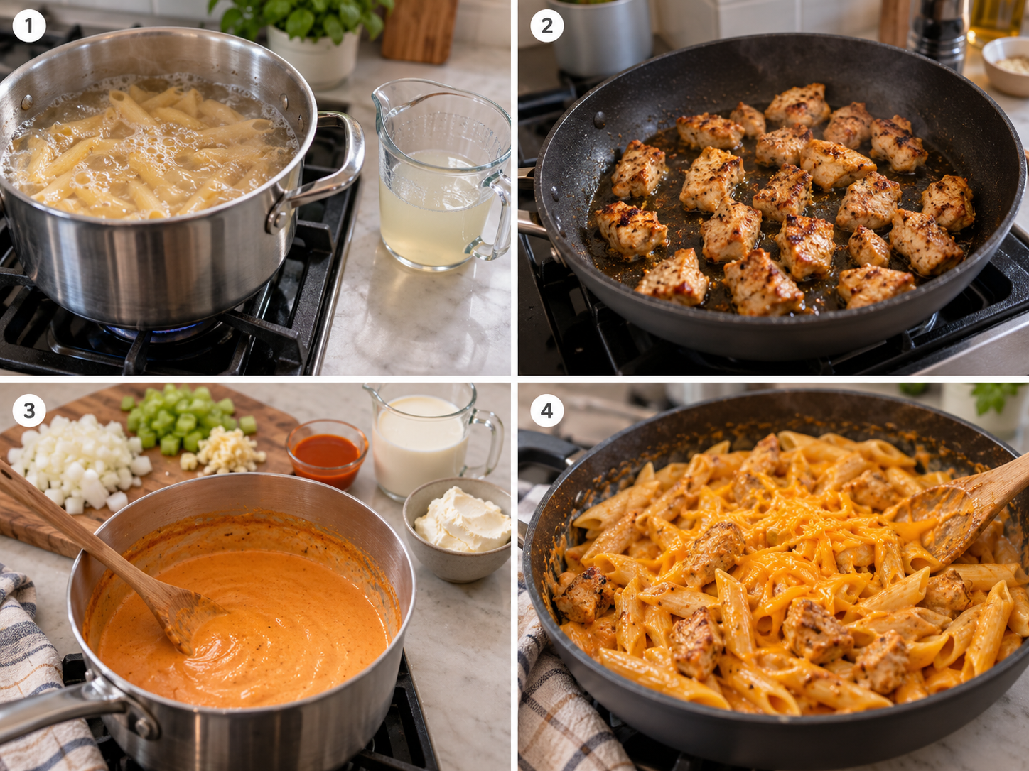 Vier Schritte für Buffalo Chicken Pasta vom Kochen bis zum Schwenken