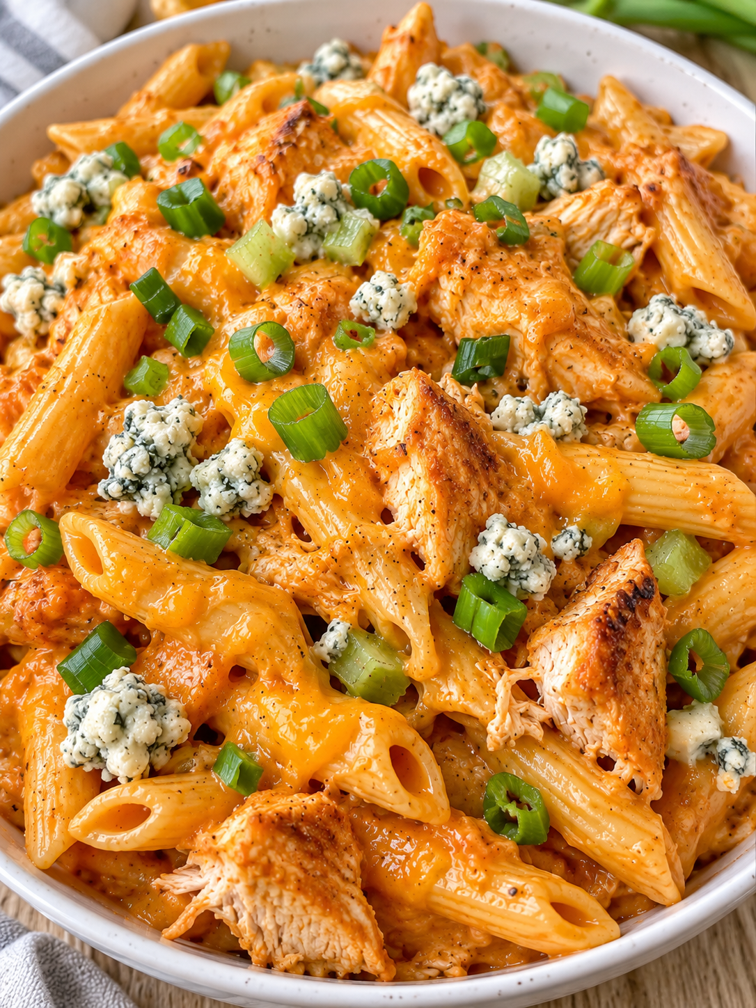 Cremige Buffalo Chicken Pasta mit Hähnchen und Frühlingszwiebeln