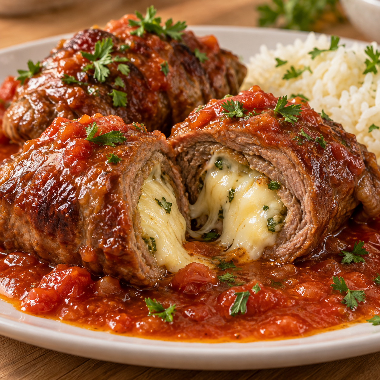 Bulgarische Rouladen mit Käsefüllung in Tomatensoße auf Reis