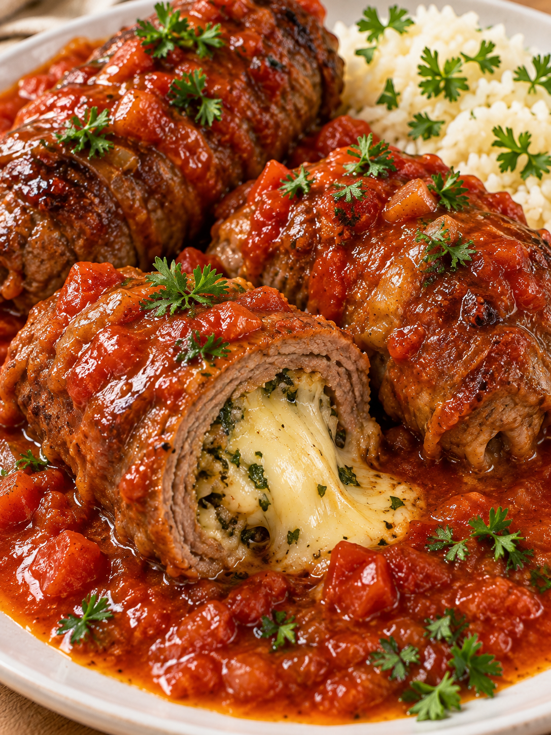 Angeschnittene Rouladen mit Käsefüllung und roter Tomatensoße