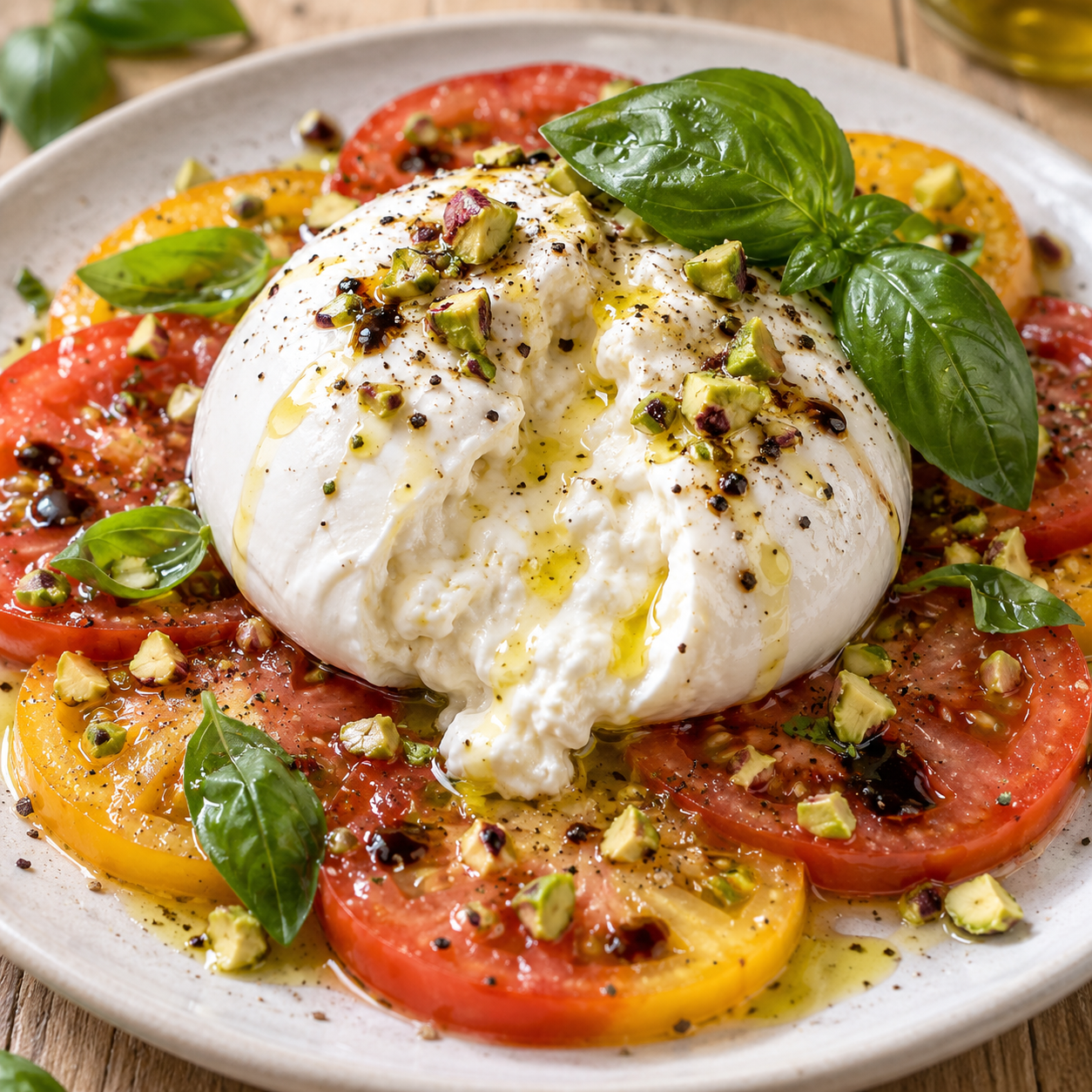 Burrata mit Tomaten, Basilikum und gerösteten Pistazien