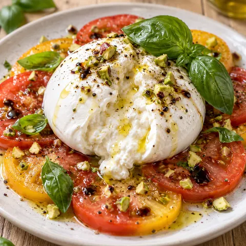 Burrata mit Tomaten, Basilikum und gerösteten Pistazien