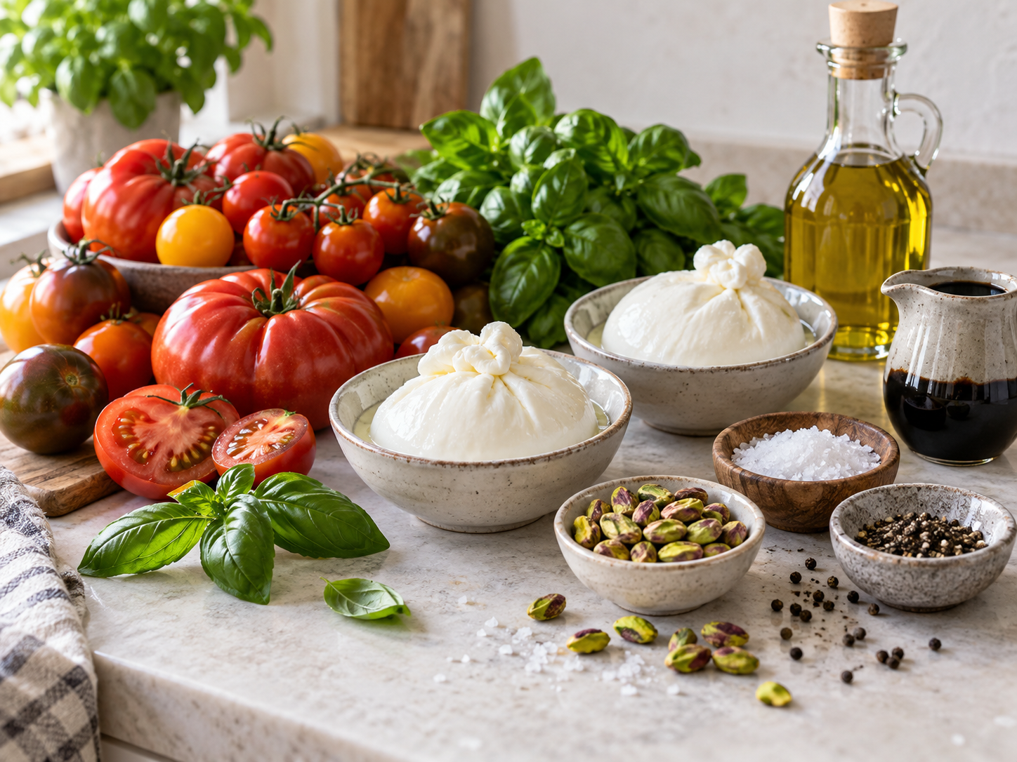 Zutaten für Burrata mit Tomaten auf heller Küchenfläche