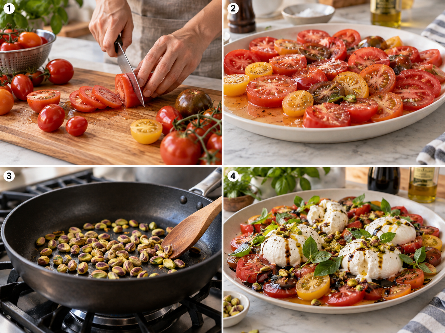 Vier Schritte für Burrata mit Tomaten vom Schneiden bis zum Anrichten