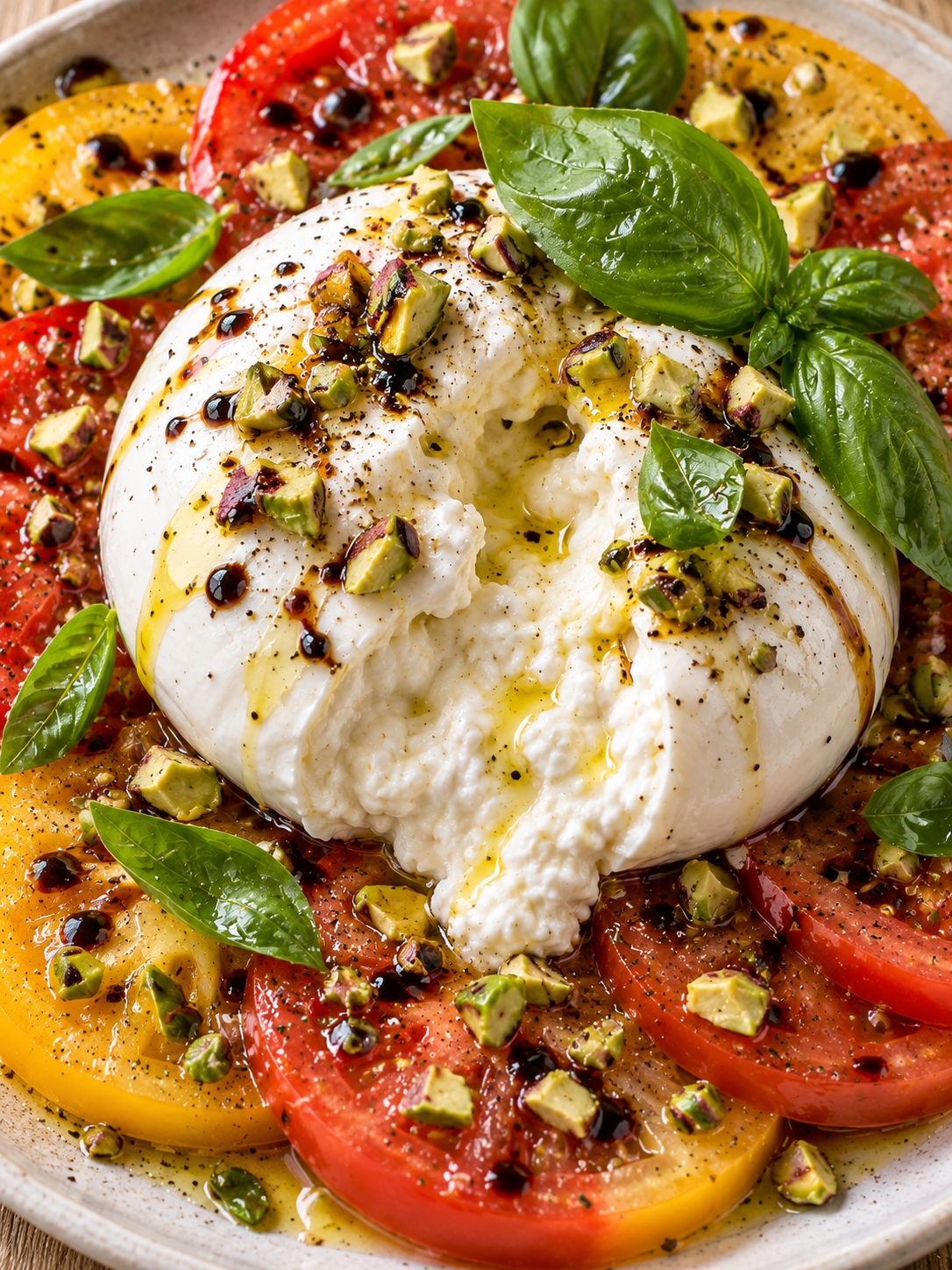 Cremige Burrata mit bunten Tomaten, Basilikum und Pistazien