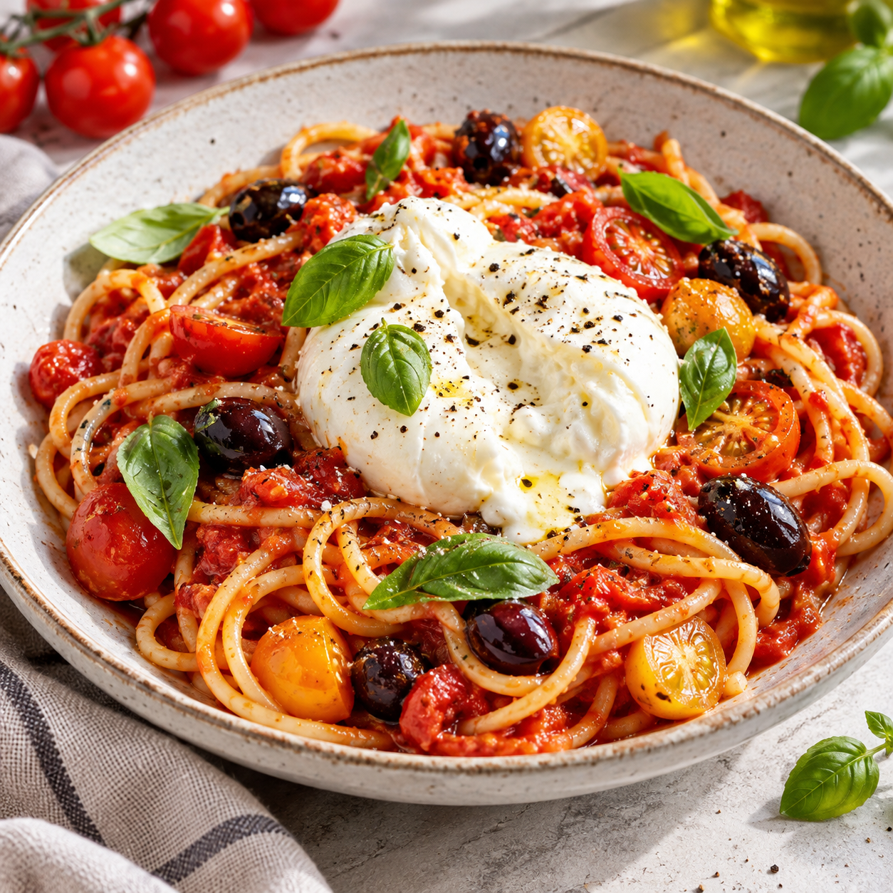 Burrata-Pasta mit Tomatensauce, Oliven und Basilikum