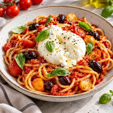 Burrata-Pasta mit Tomatensauce, Oliven und Basilikum