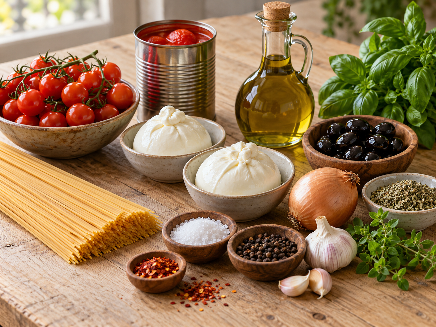 Zutaten für Burrata-Pasta mit Tomaten, Oliven und Basilikum
