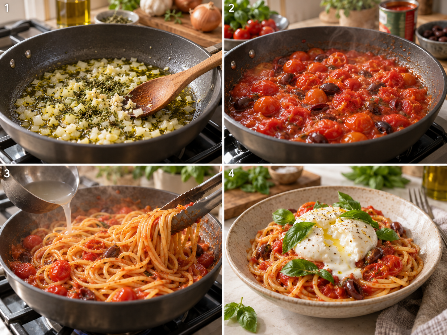 Vier Schritte für Burrata-Pasta mit Tomatensauce und Burrata