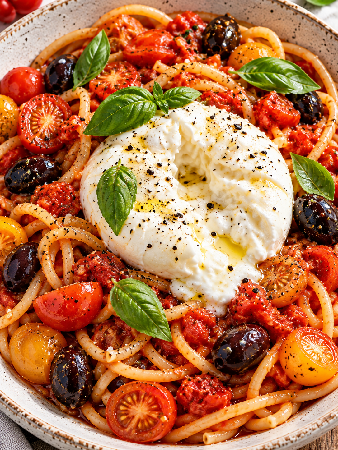 Burrata-Pasta im Teller mit cremiger Burrata und Basilikum