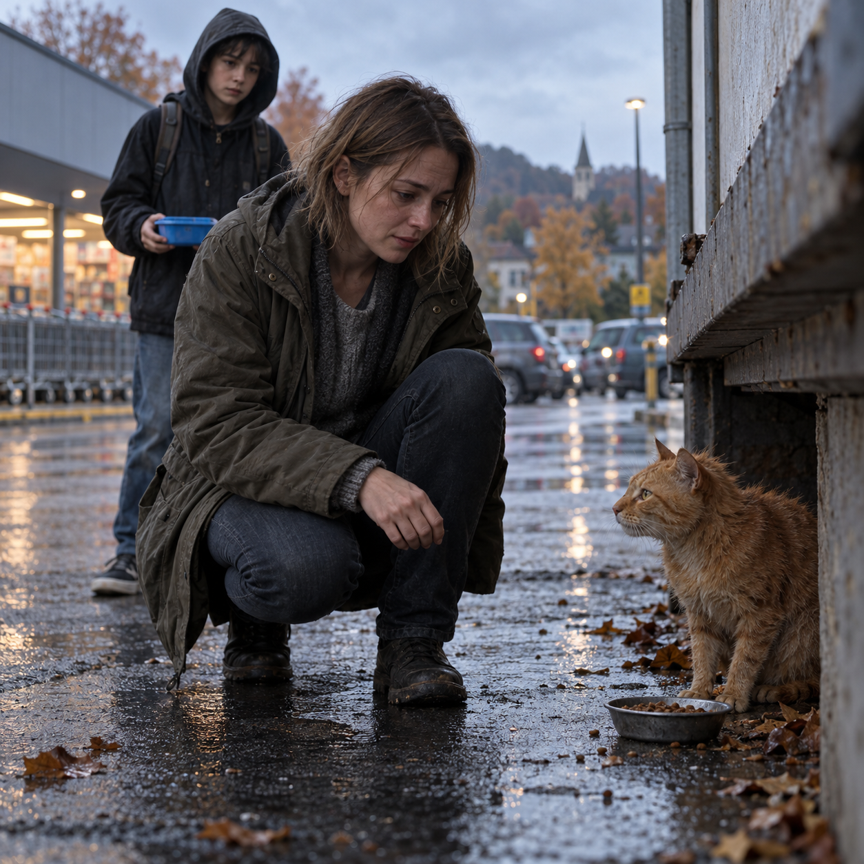 Mara erkennt den orangefarbenen Kater Canelo auf einem regennassen Parkplatz wieder.