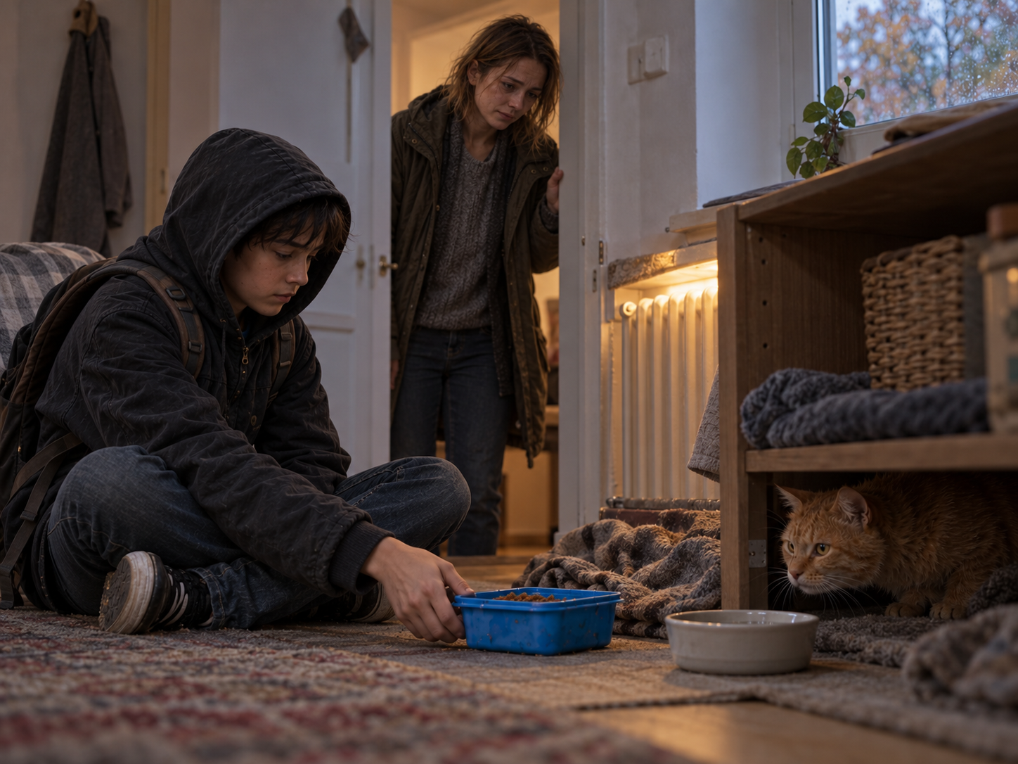 Dani sitzt geduldig im ruhigen Zimmer, während Canelo vorsichtig aus seinem Versteck blickt.