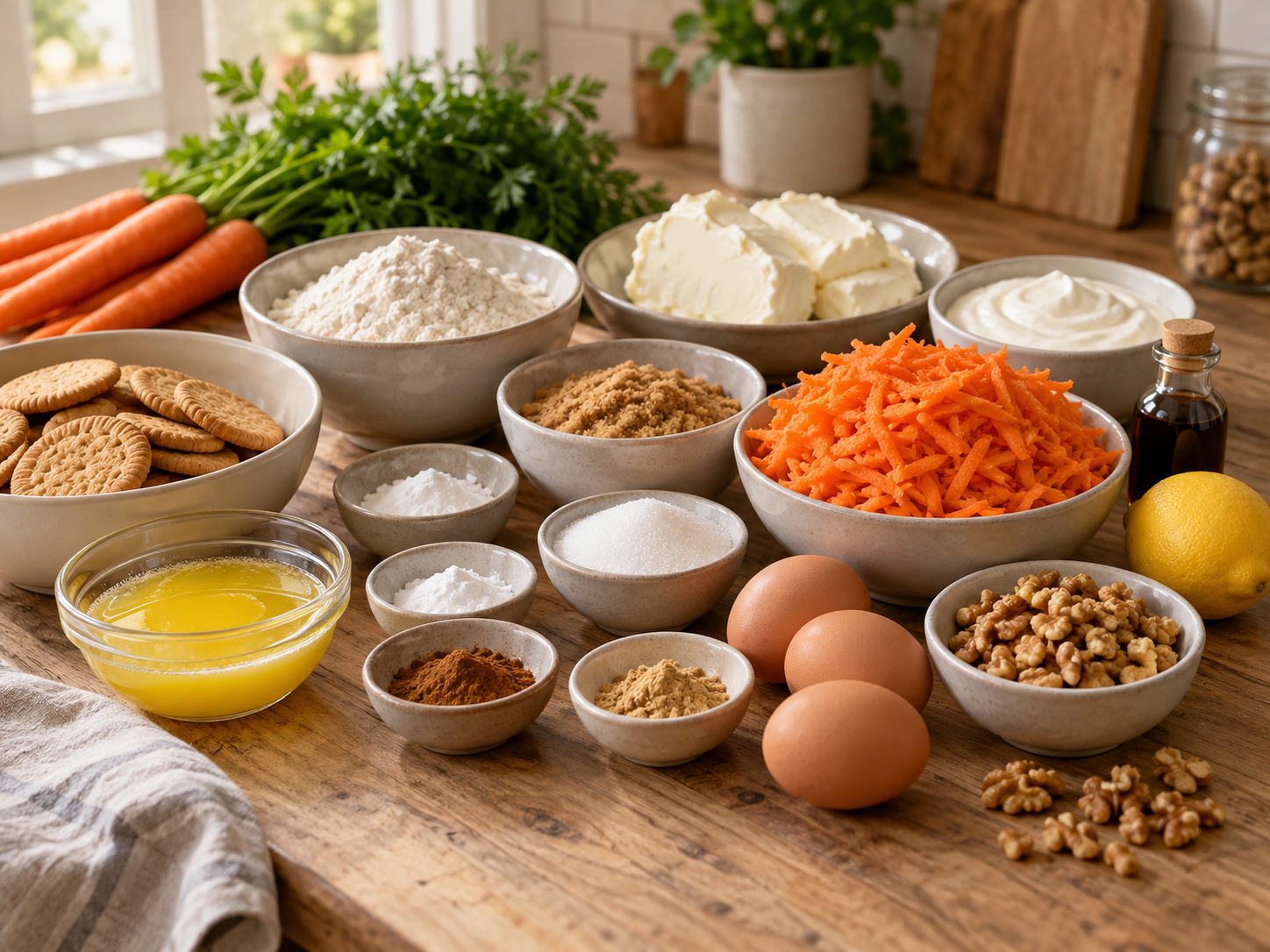 Zutaten für Carrot Cake Cheesecake mit Karotten, Frischkäse und Gewürzen