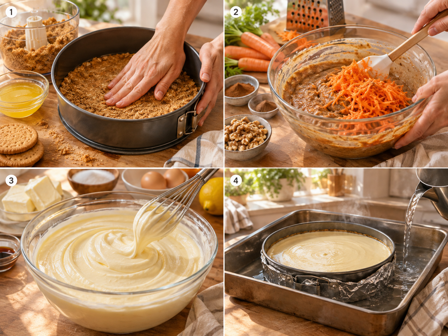 Vier Schritte für Carrot Cake Cheesecake vom Boden bis zum Wasserbad