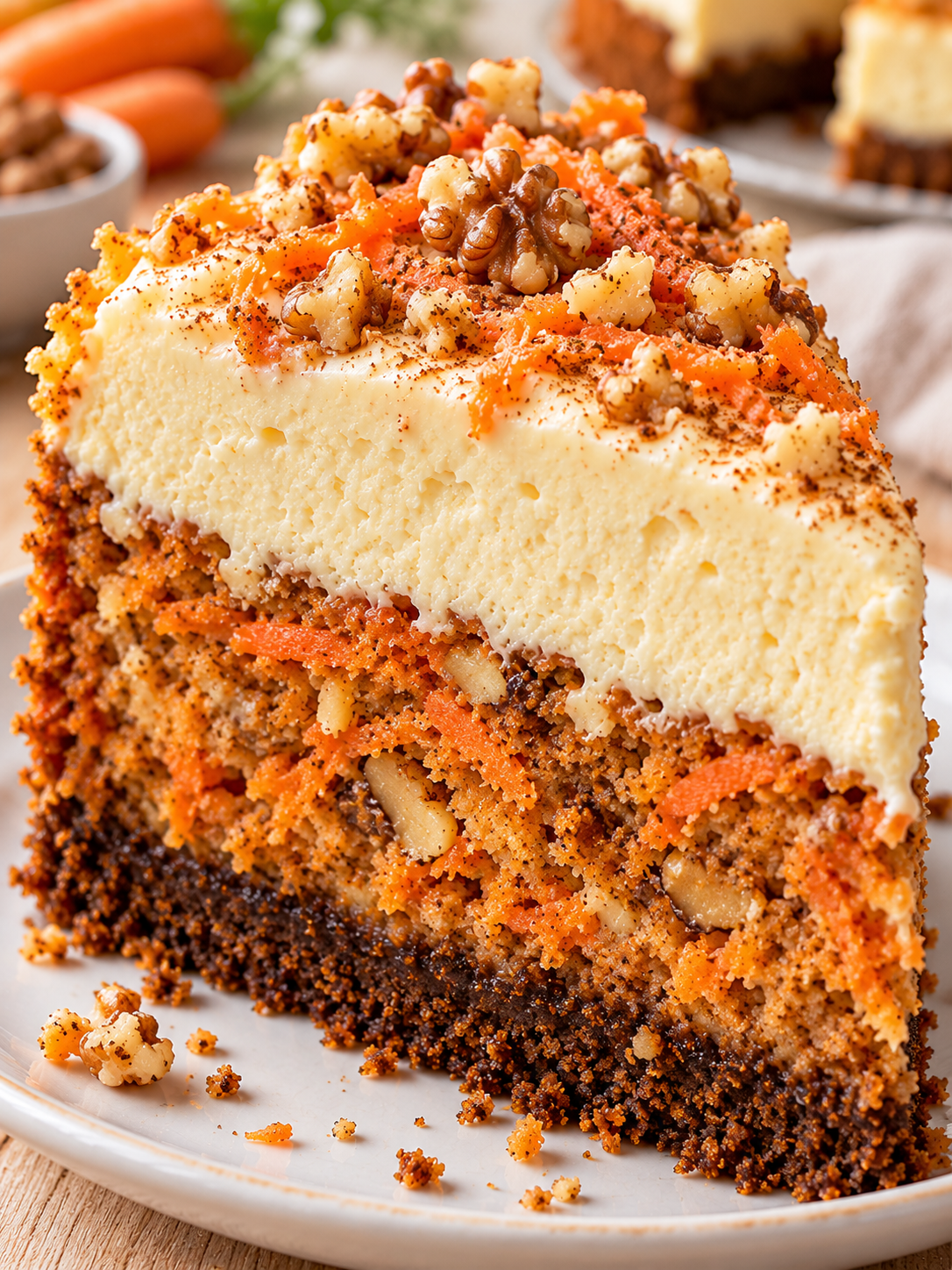 Hohes Stück Carrot Cake Cheesecake mit Karottenteig und cremiger Schicht
