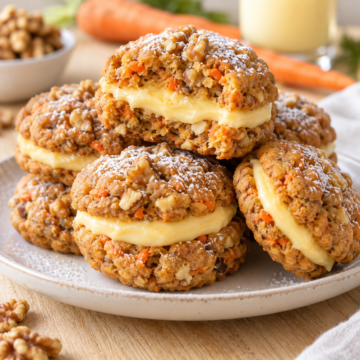 Carrot-Cake-Cookies mit heller Eierlikörcreme auf einem Keramikteller