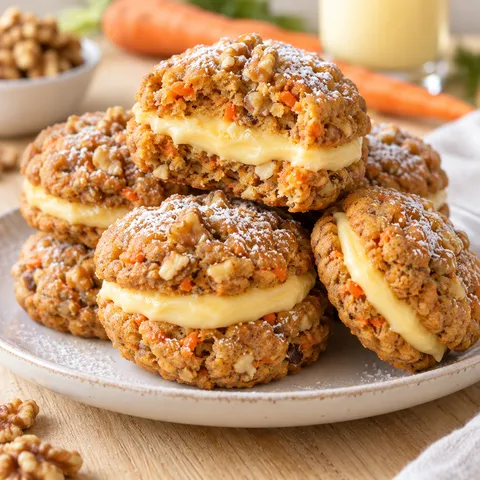 Carrot-Cake-Cookies mit heller Eierlikörcreme auf einem Keramikteller