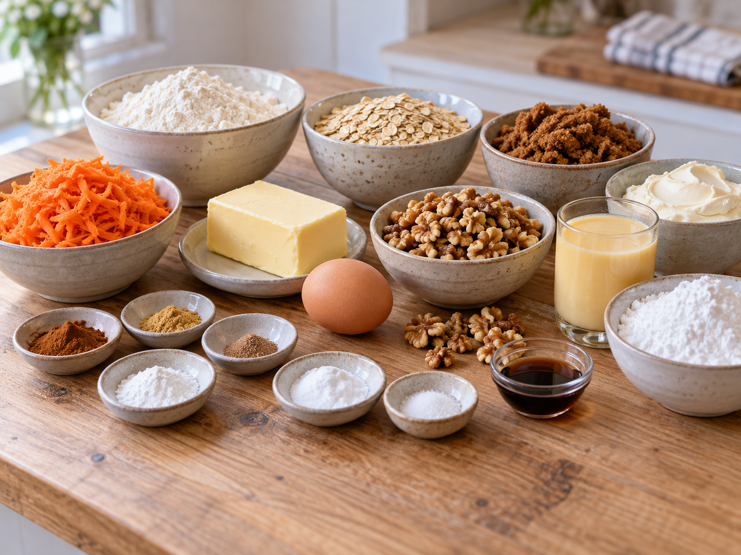 Zutaten für Carrot-Cake-Cookies mit Möhren, Walnüssen und Eierlikör