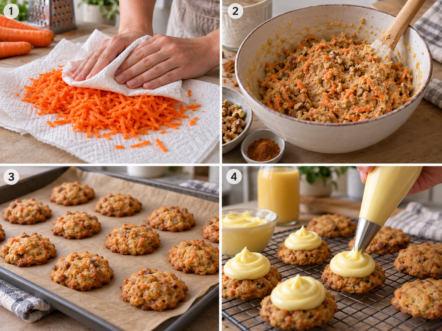 Vier Schritte für Carrot-Cake-Cookies vom Möhrenraspeln bis zum Füllen