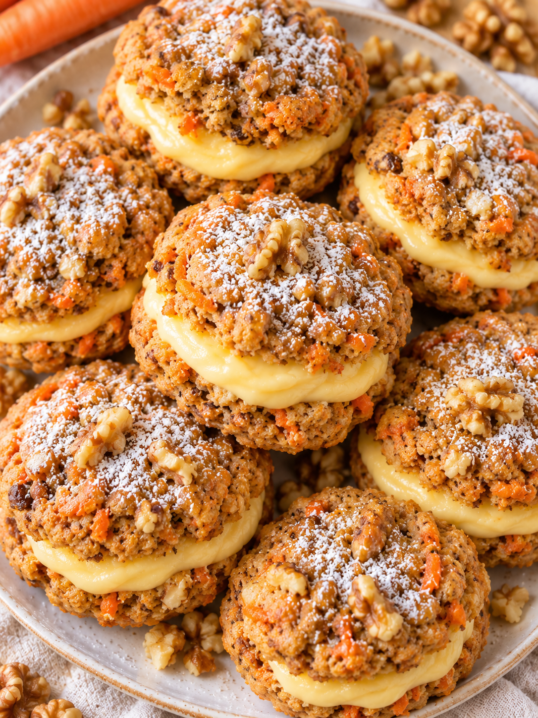 Gefüllte Carrot-Cake-Cookies mit Eierlikörcreme und Walnüssen