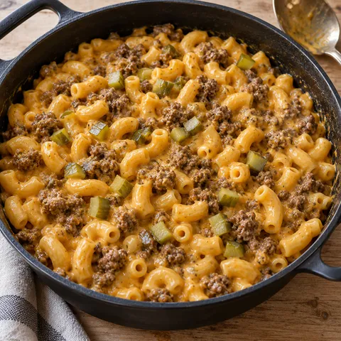 Cremige Cheeseburger-Pfanne mit Makkaroni, Rinderhack, Cheddar und Gewürzgurken