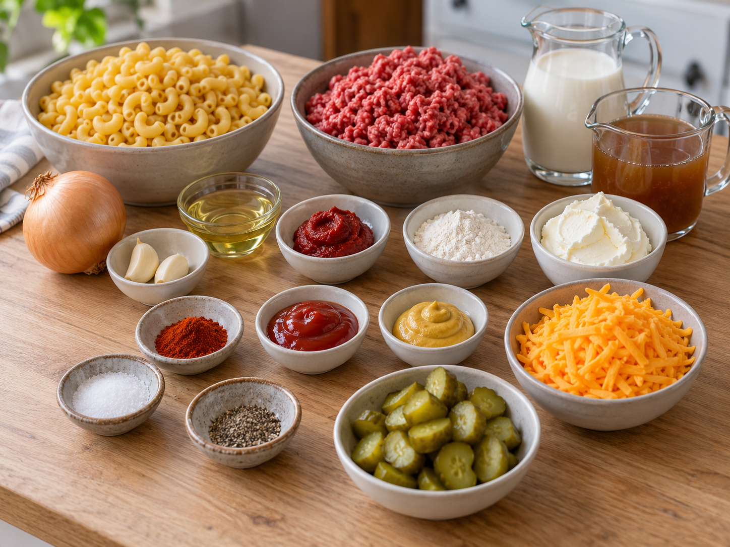 Makkaroni, Rinderhack, Cheddar, Milch und Würzzutaten für die Cheeseburger-Pfanne