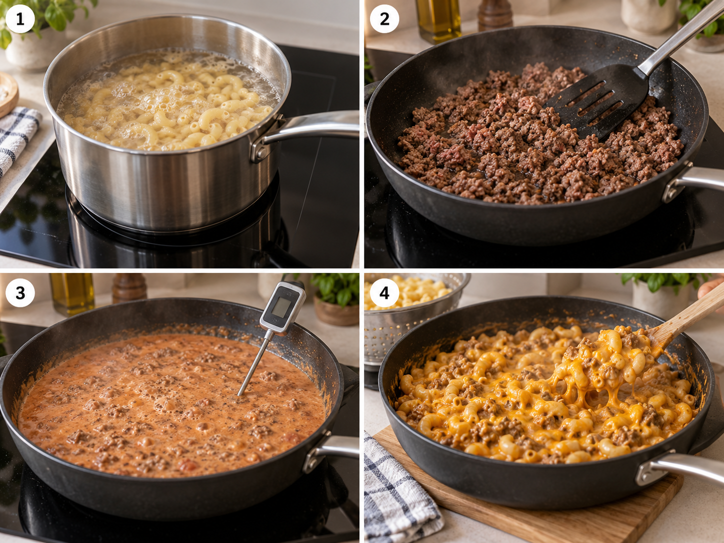 Makkaroni kochen, Hack anbraten, Sauce durcherhitzen und Nudeln unterheben