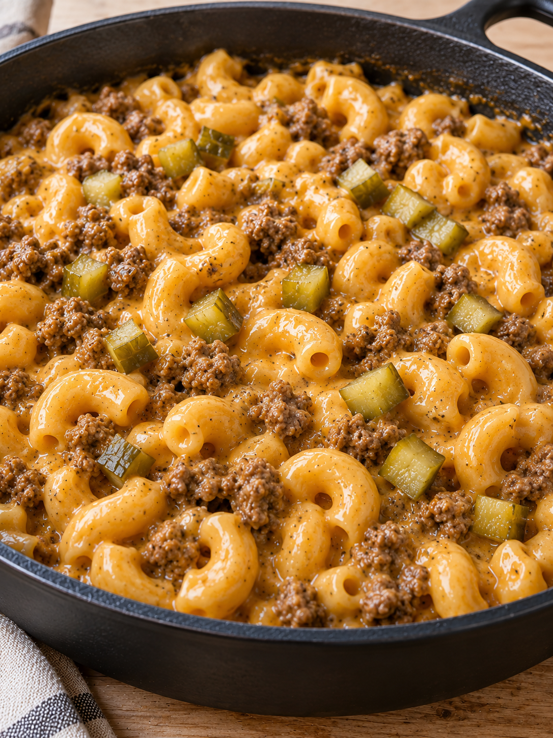 Makkaroni mit gebratenem Rinderhack in cremiger Cheddarsauce und Gurkenwürfeln